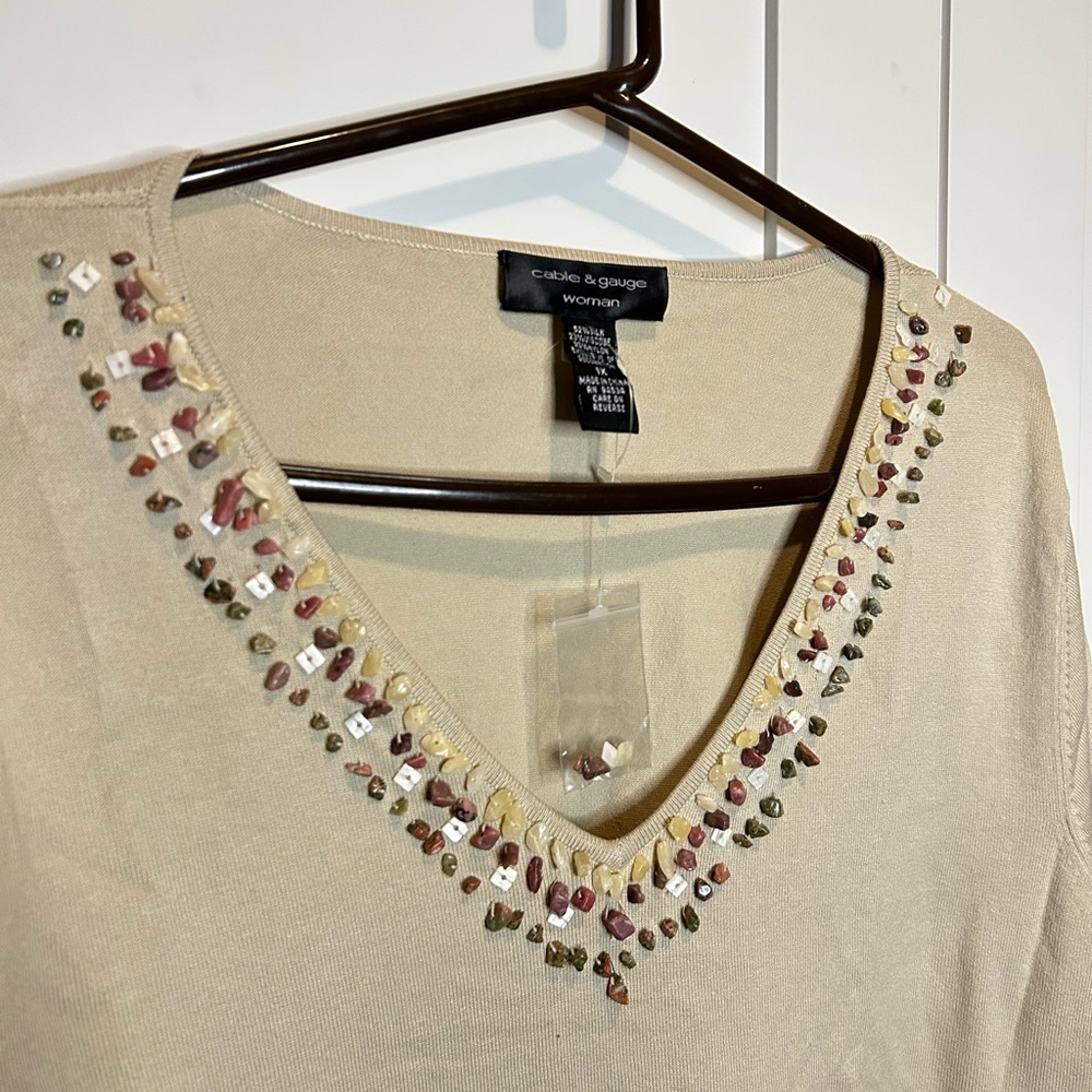 Cable & Gauge Beige Embellished V-Neck Top